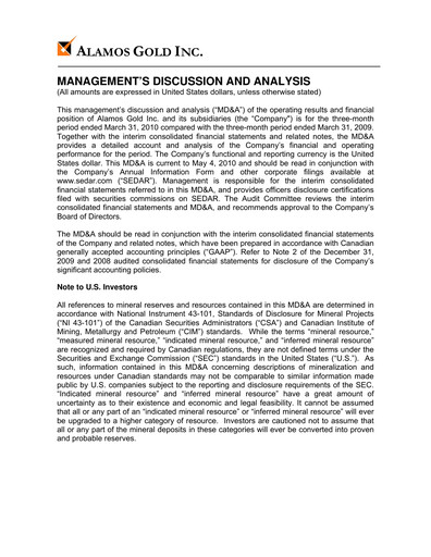 Thumbnail Alamos Gold Quarterly Report 2010-q1
