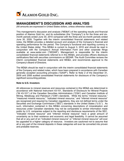 Thumbnail Alamos Gold Quarterly Report 2010-q2