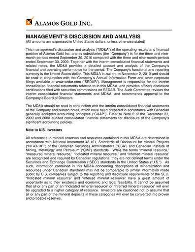 Thumbnail Alamos Gold Quarterly Report 2010-q3