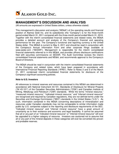 Thumbnail Alamos Gold Quarterly Report 2011-q1