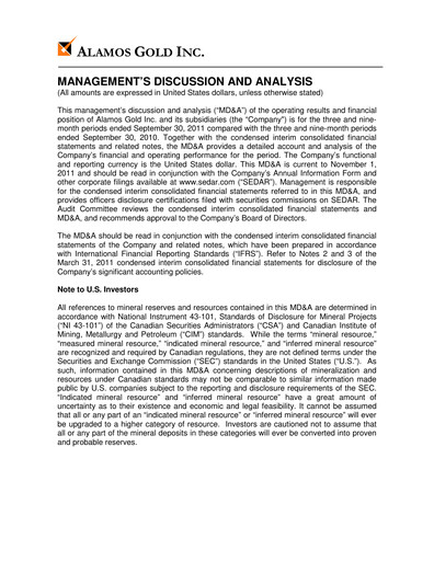Thumbnail Alamos Gold Quarterly Report 2011-q3