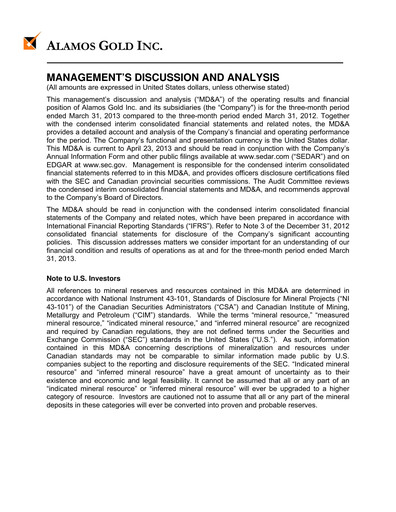 Thumbnail Alamos Gold Quarterly Report 2013-q1