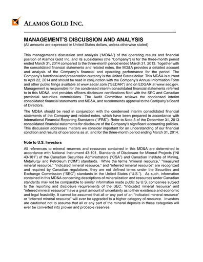 Thumbnail Alamos Gold Quarterly Report 2014-q1
