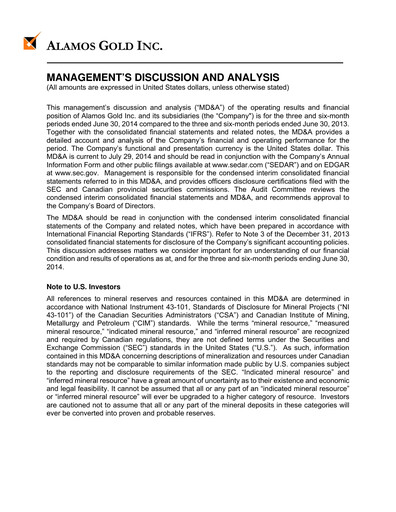 Thumbnail Alamos Gold Quarterly Report 2014-q2