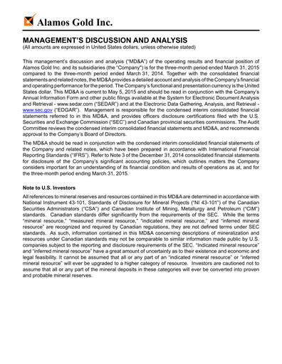 Thumbnail Alamos Gold Quarterly Report 2015-q1