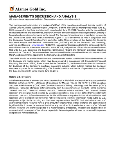 Thumbnail Alamos Gold Quarterly Report 2015-q2
