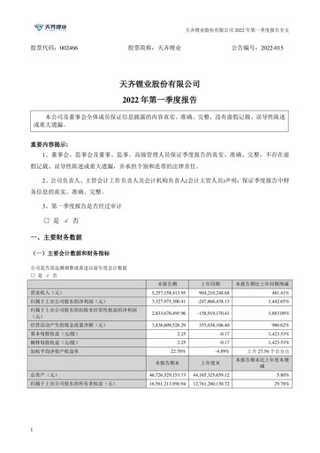Thumbnail Tianqi Lithium Quarterly Report 2022-q1