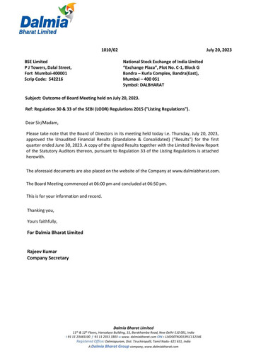 Miniature Dalmia Bharat Rapport trimestriel 2023-q1