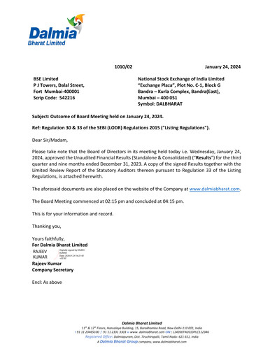 Miniature Dalmia Bharat Rapport trimestriel 2023-q3