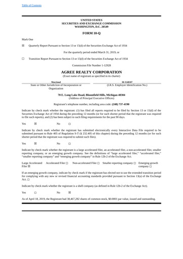 Thumbnail Agree Realty
 Quarterly Report 2019-q1