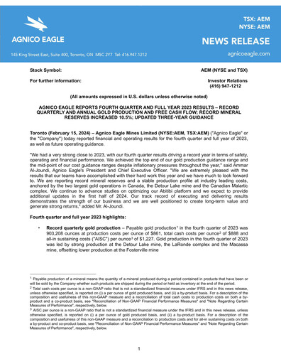 Thumbnail Agnico Eagle Mines Financial Statement 2023