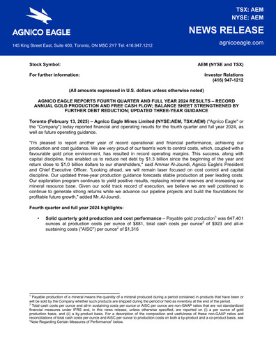 Thumbnail Agnico Eagle Mines Financial Statement 2024