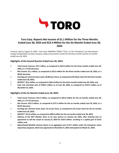 Thumbnail Toro Corp. Half-year Report 2024-h1