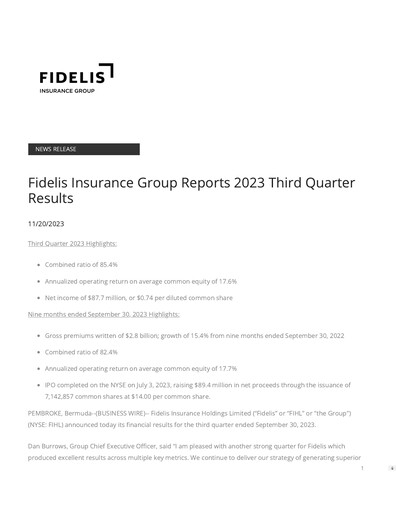 Thumbnail Fidelis Insurance Quarterly Report 2023-q3