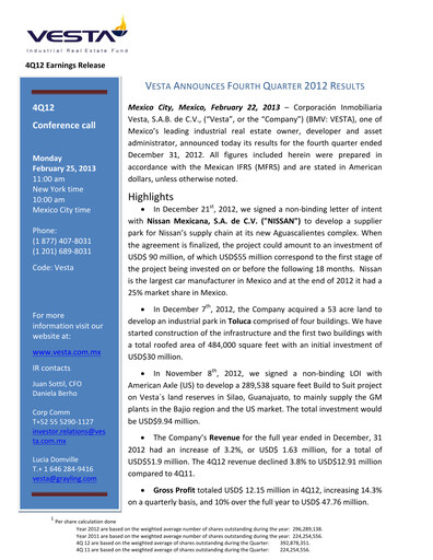 Thumbnail Vesta Real Estate Quarterly Report 2012-q4