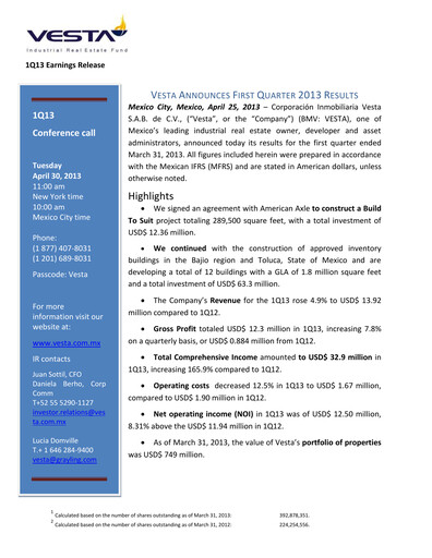 Thumbnail Vesta Real Estate Quarterly Report 2013-q1