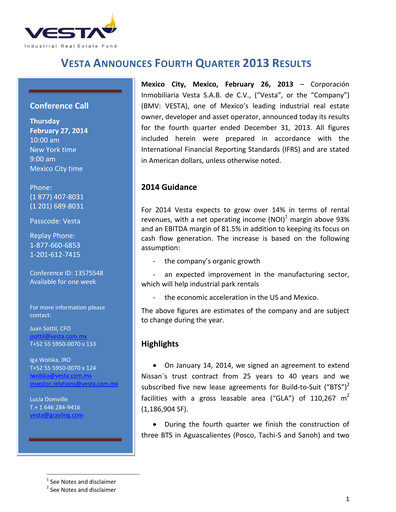 Thumbnail Vesta Real Estate Quarterly Report 2013-q4