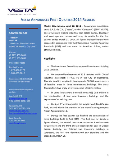 Thumbnail Vesta Real Estate Quarterly Report 2014-q1
