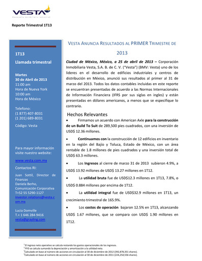 Thumbnail Vesta Real Estate Quarterly Report 2013-q1