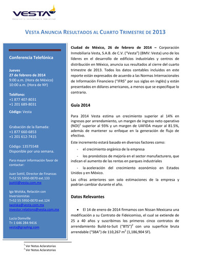Thumbnail Vesta Real Estate Quarterly Report 2013-q4
