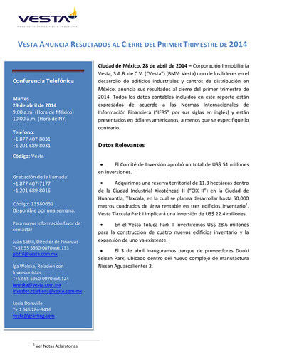 Thumbnail Vesta Real Estate Quarterly Report 2014-q1