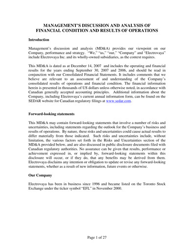 Thumbnail Electrovaya Financial Report fy2007