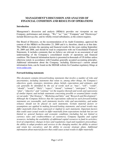 Thumbnail Electrovaya Financial Report fy2009