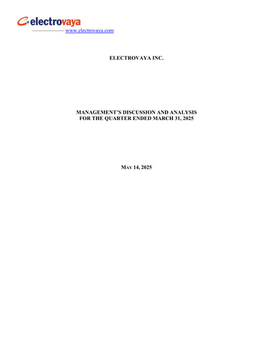 Miniature Electrovaya Rapport trimestriel fy2025-q2