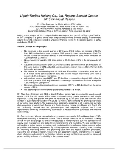 Miniature LightInTheBox Holding Rapport trimestriel 2013-q2