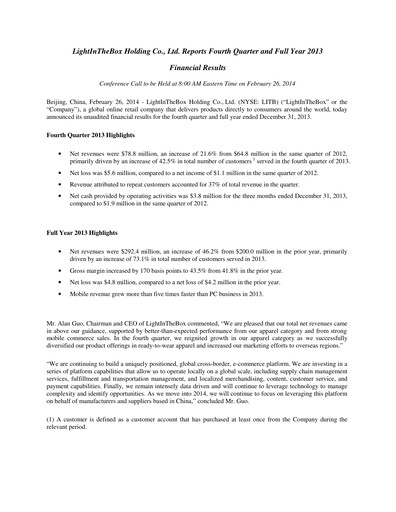 Miniature LightInTheBox Holding Rapport trimestriel 2013-q4
