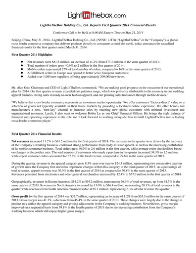 Miniature LightInTheBox Holding Rapport trimestriel 2014-q1