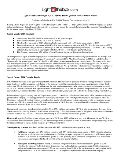 Miniature LightInTheBox Holding Rapport trimestriel 2014-q2