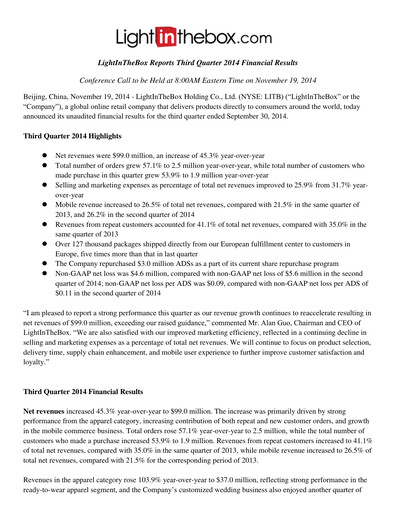 Miniature LightInTheBox Holding Rapport trimestriel 2014-q3
