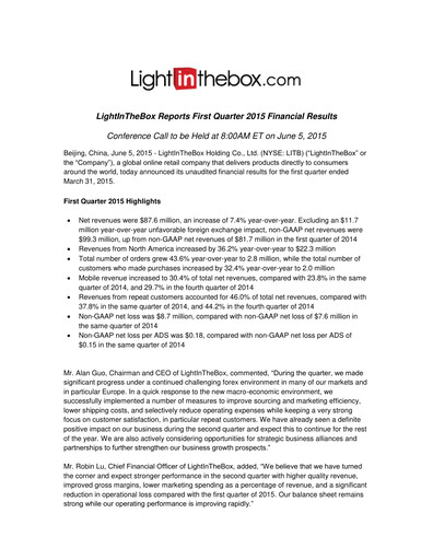 Miniature LightInTheBox Holding Rapport trimestriel 2015-q1