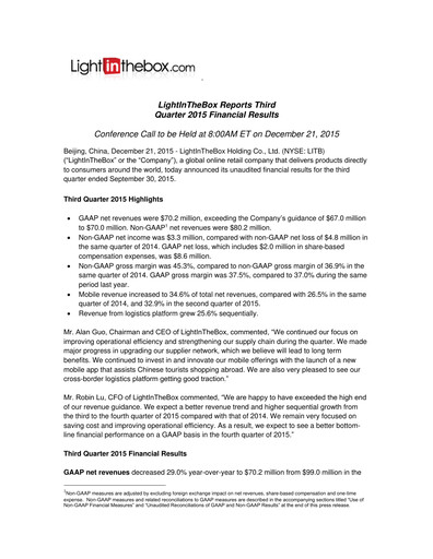 Miniature LightInTheBox Holding Rapport trimestriel 2015-q3
