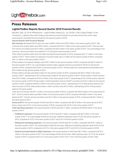 Miniature LightInTheBox Holding Rapport trimestriel 2018-q2