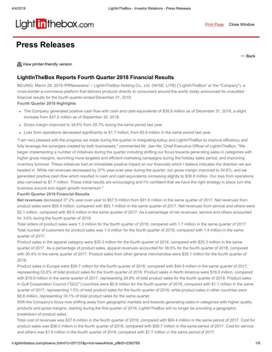 Miniature LightInTheBox Holding Rapport trimestriel 2018-q4