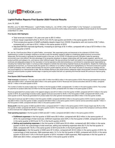 Miniature LightInTheBox Holding Rapport trimestriel 2020-q1