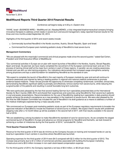 Thumbnail MediWound Financial Report 2014-q3