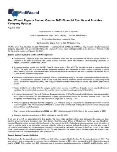 Thumbnail MediWound Financial Report 2022-q2