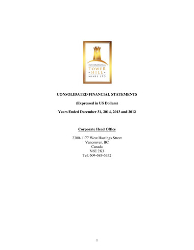 Thumbnail International Tower Hill Mines Financial Statement 2014