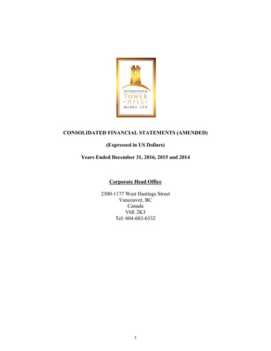 Thumbnail International Tower Hill Mines Financial Statement 2016