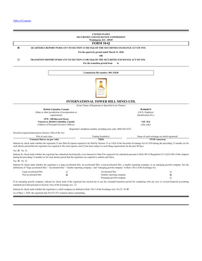 Thumbnail International Tower Hill Mines Quarterly Report 2026-q1