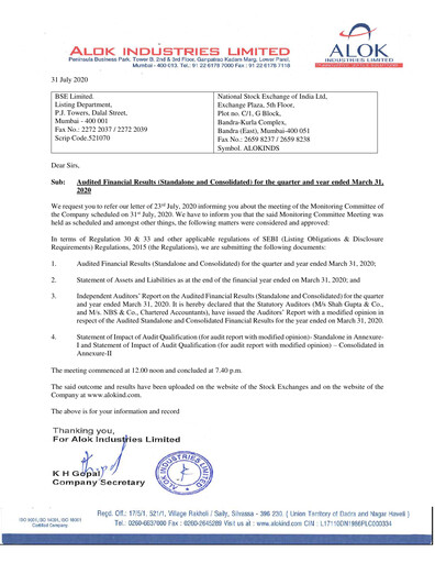 Thumbnail Alok Industries Quarterly Report 2019-q4