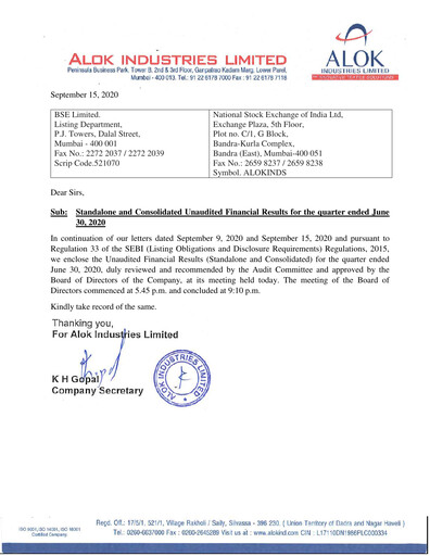 Thumbnail Alok Industries Quarterly Report 2020-q1
