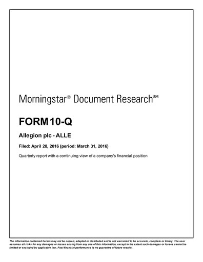 Thumbnail Allegion
 Quarterly Report 2016-q1