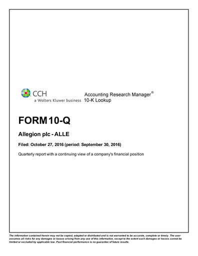 Thumbnail Allegion
 Quarterly Report 2016-q3