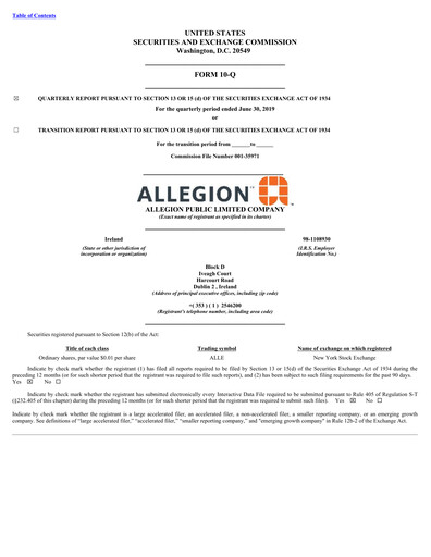 Thumbnail Allegion
 Quarterly Report 2019-q2