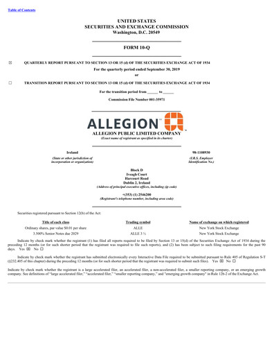 Thumbnail Allegion
 Quarterly Report 2019-q3