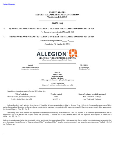 Thumbnail Allegion
 Quarterly Report 2020-q1
